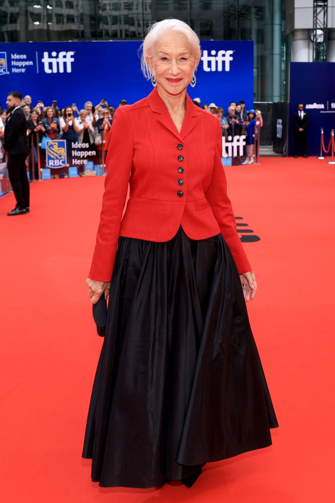 Helen Mirren wearing red ME+EM jacket at the premiere of A Talent For Murder at the 2026 Toronto International Film Festival on September 14, 2026 in Toronto, Ontario