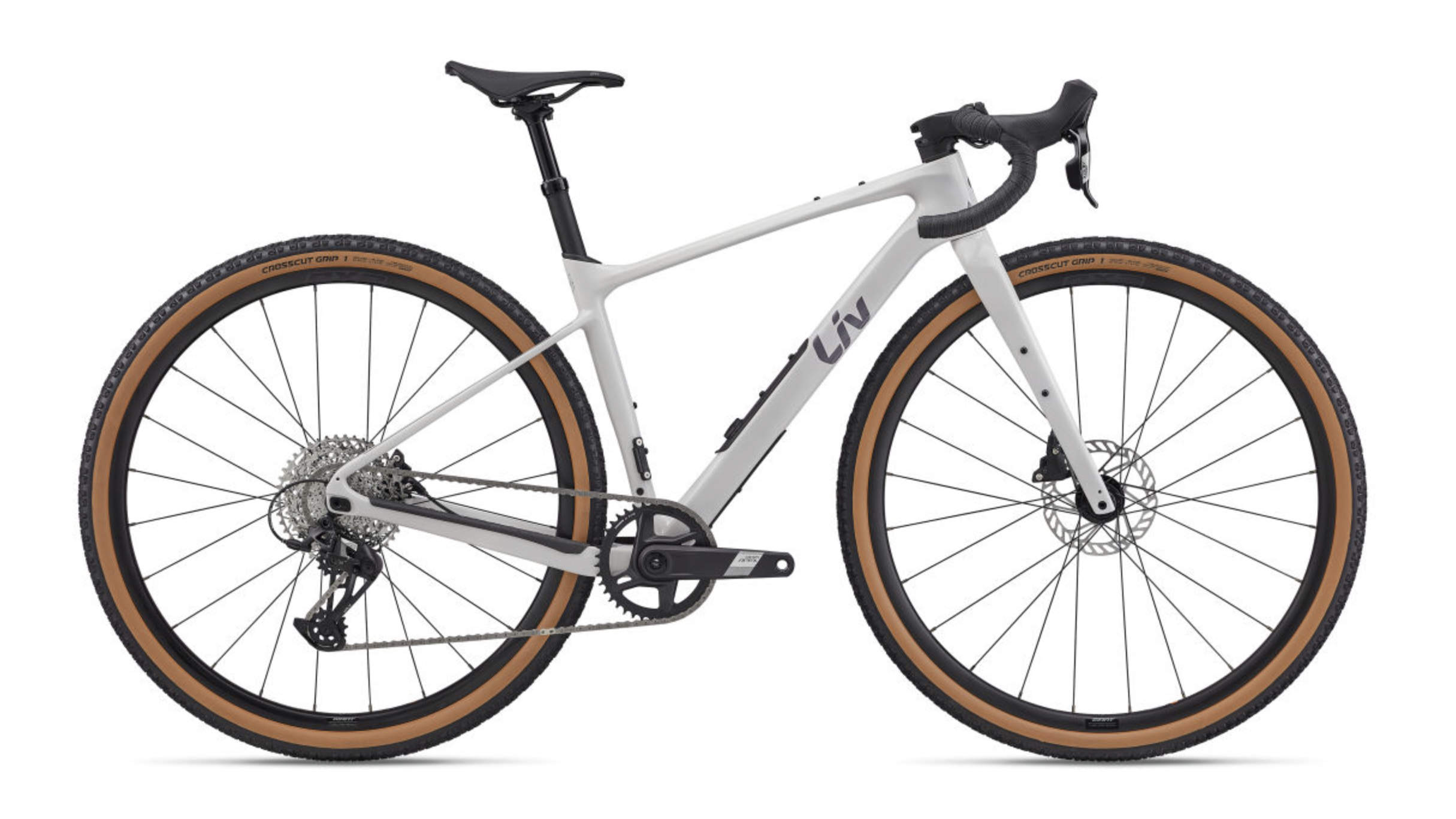 White Liv gravel bike with tan wall tyres on a white background