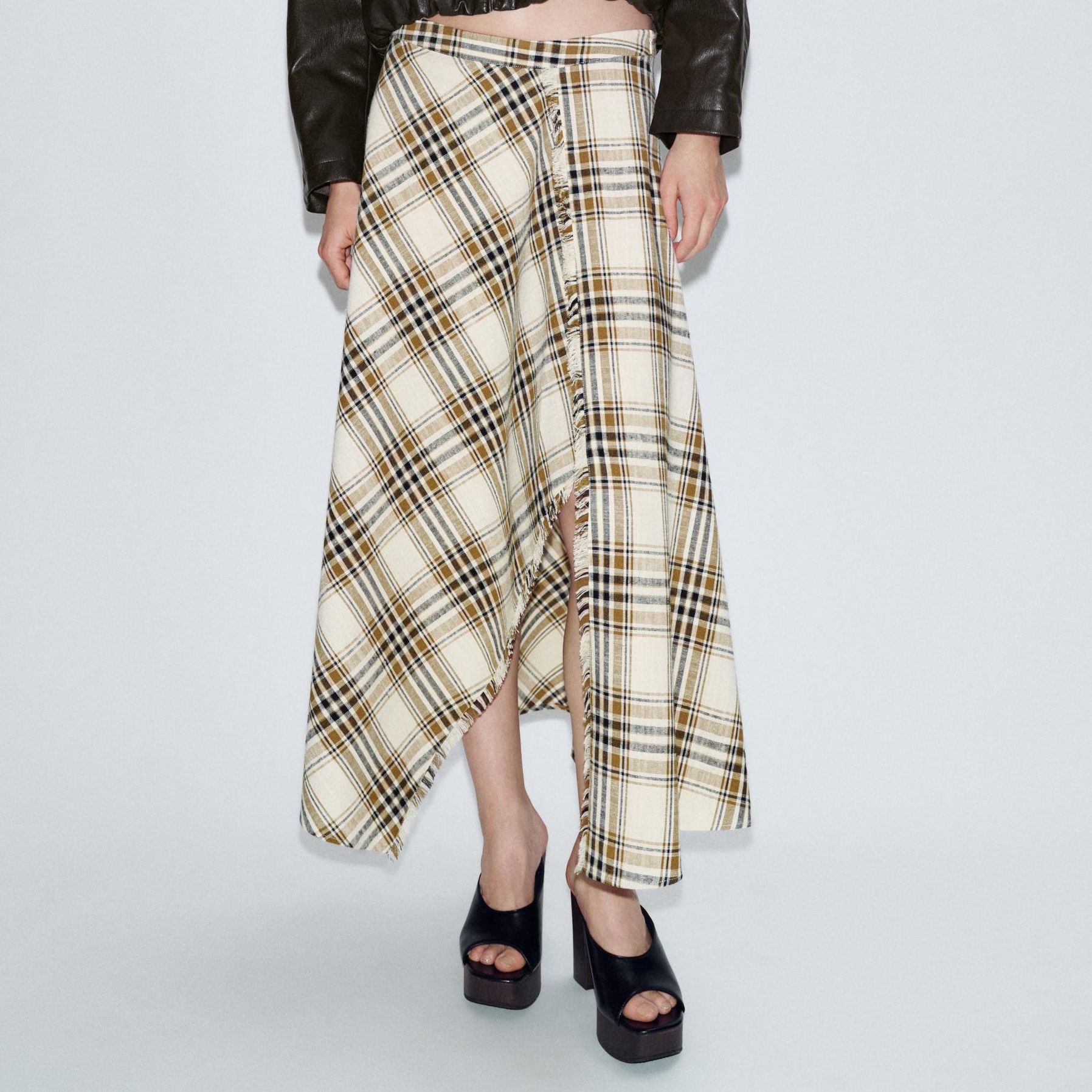 Asymmetric Checks Midi Skirt
