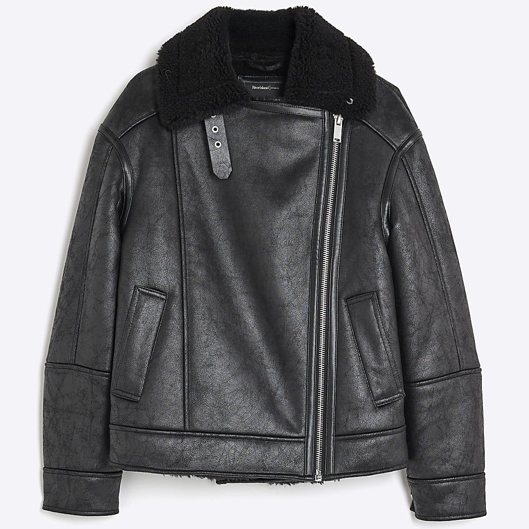 River Island Black Borg Lined Aviator Jacket