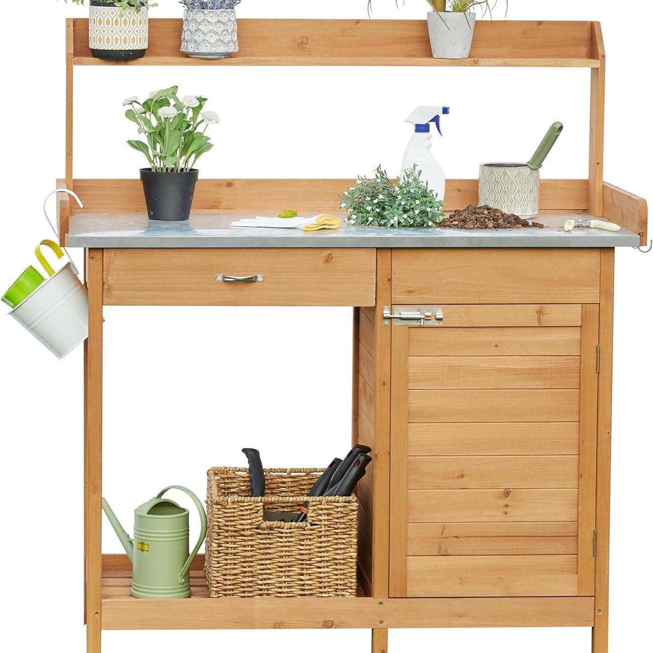 Yaheetech Outdoor Garden Potting Bench Table Work Bench Metal Tabletop W/cabinet Drawer Open Shelf Natural Wood