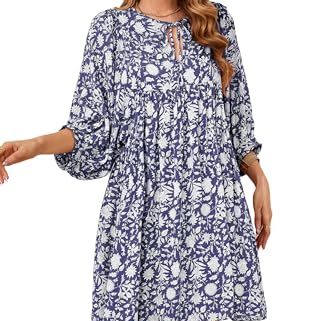 R.vivimos Summer Women's Lantern Sleeve V Neck Dresses Boho Floral Mini Dress Casual Cotton Short Swing Dress(small,darkblue)