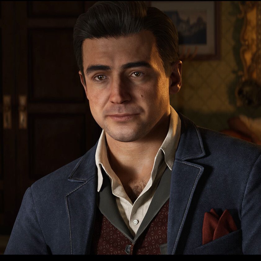 Enzo Favara wearing a blue suit in Mafia: The Old Country's DLC, Man of Honor