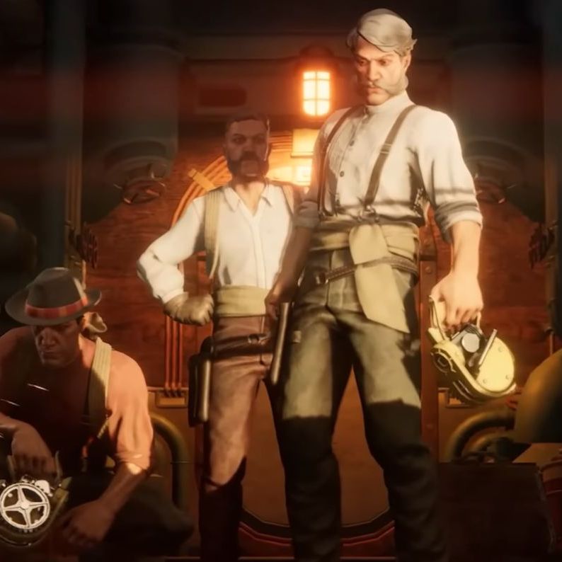 Characters from Sand: Raiders of Sophie all standing in a line as the back of a giant steam powered machine flips open