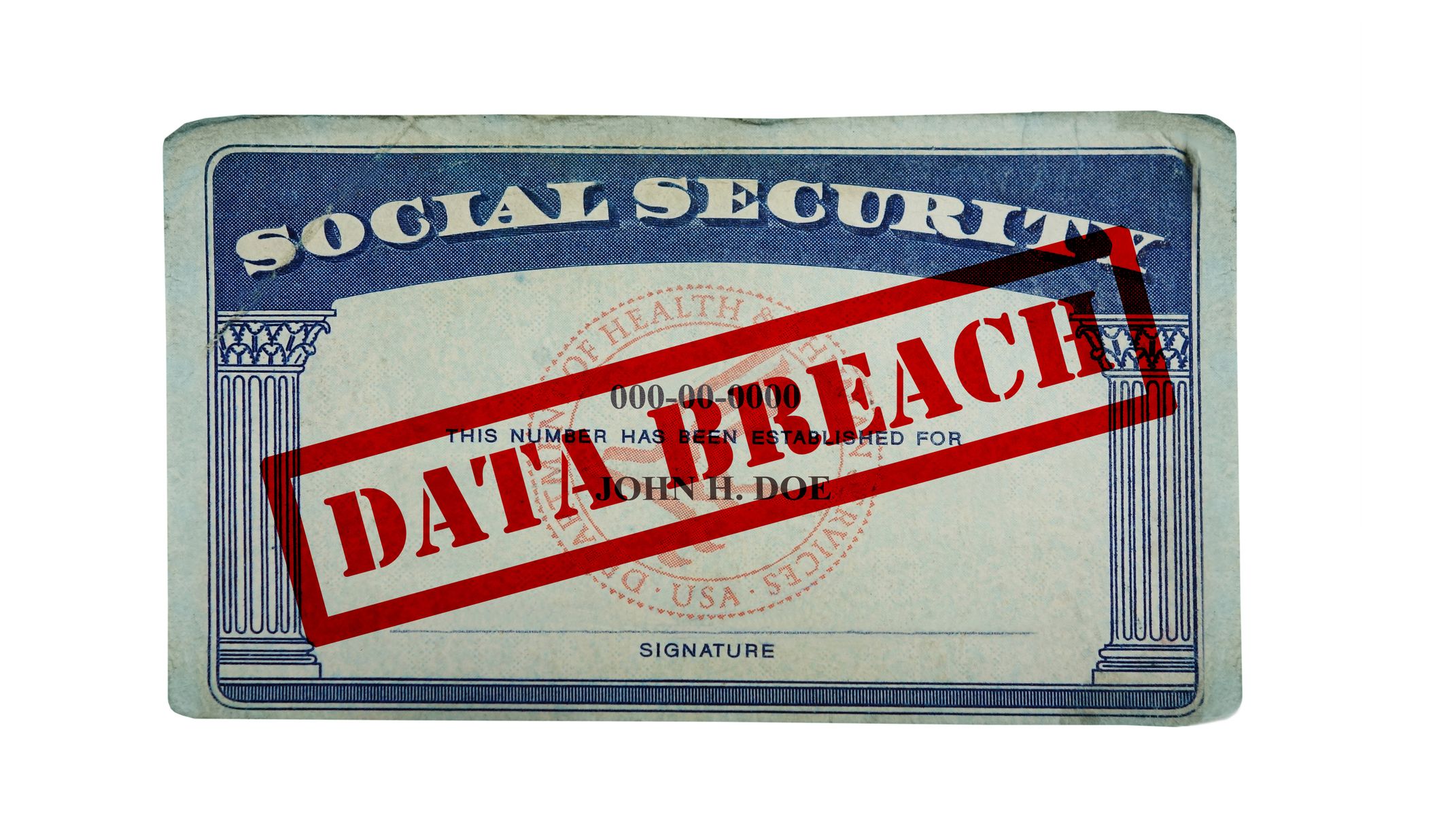 Social security card with Data Breach text isolated on white
