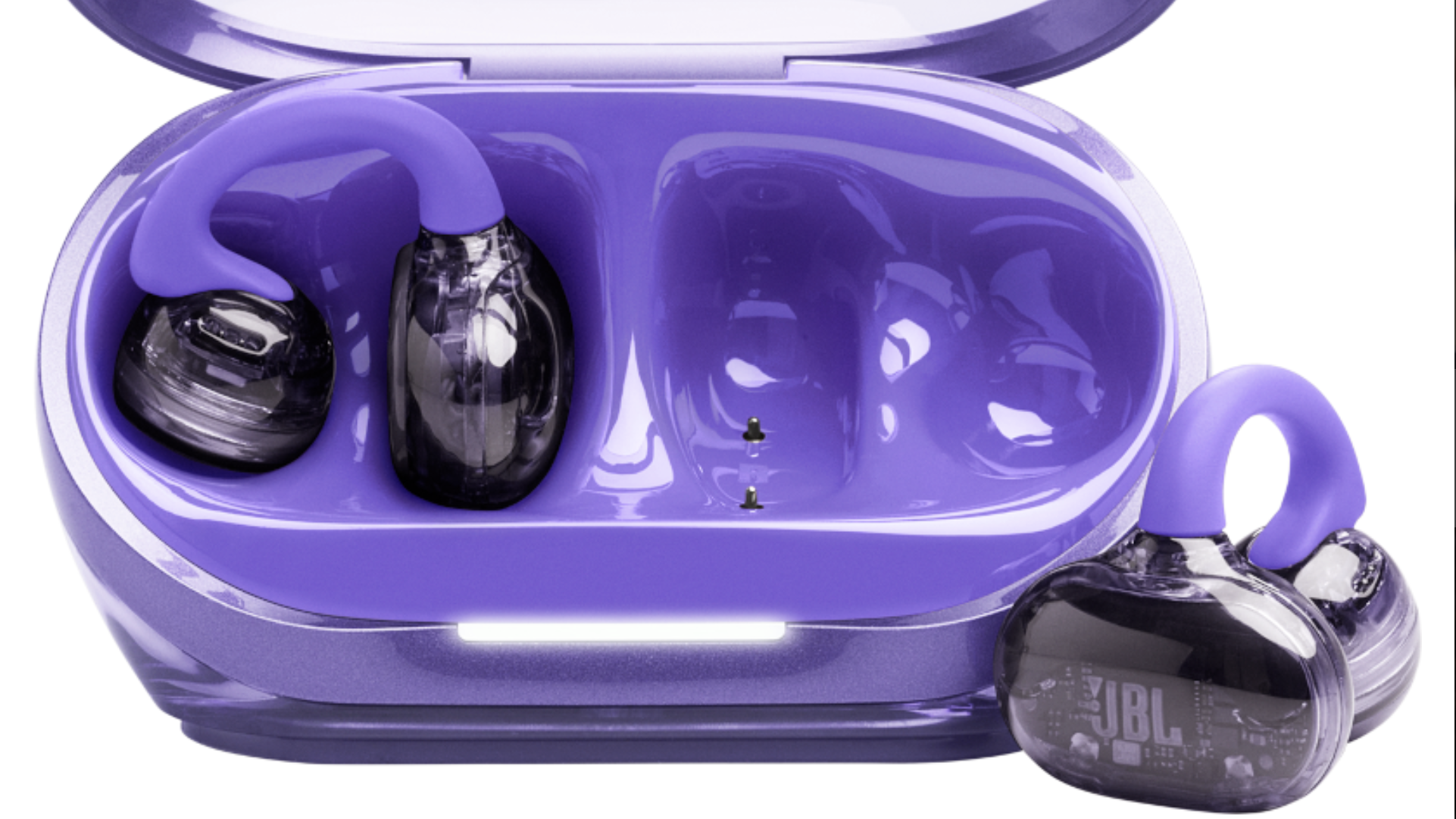 JBL Soundgear Clips in purple, with case, on a white background