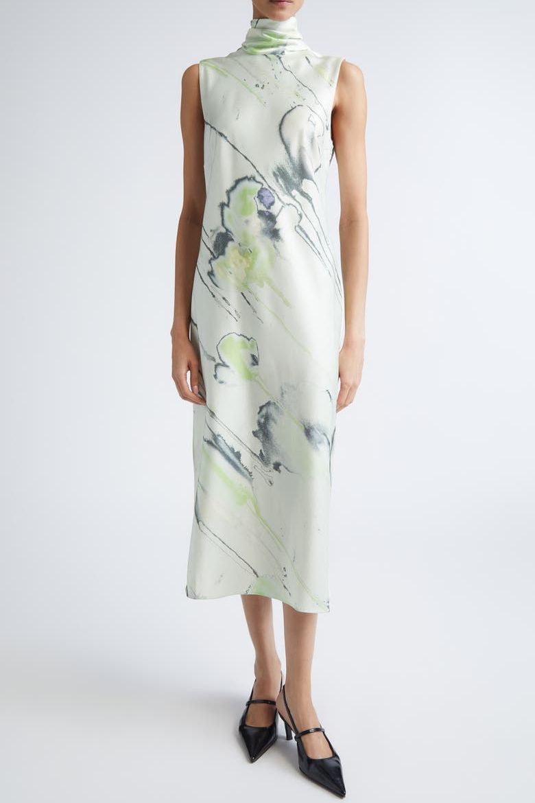 Watercolor Floral Bias Cut Satin Midi Dress