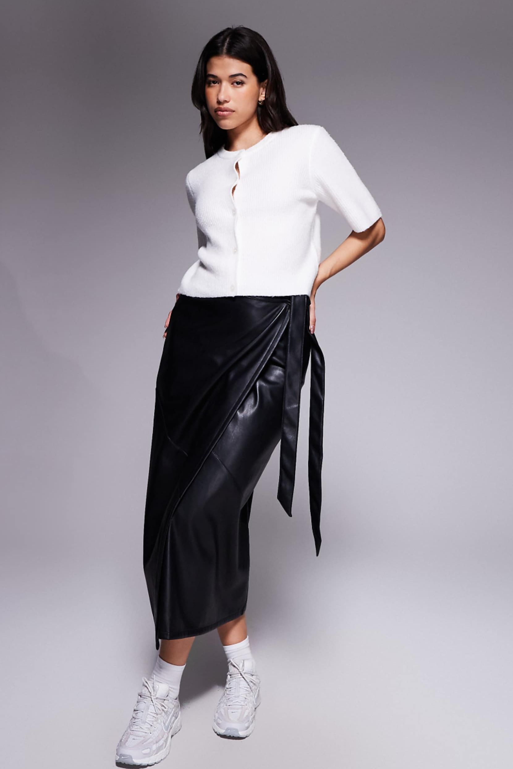 Asos Design Faux Leather Wrap Midi Skirt in Black