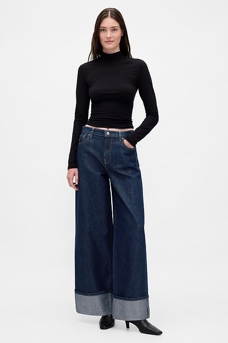 Mid Rise Metallic Cuffed Baggy Jeans