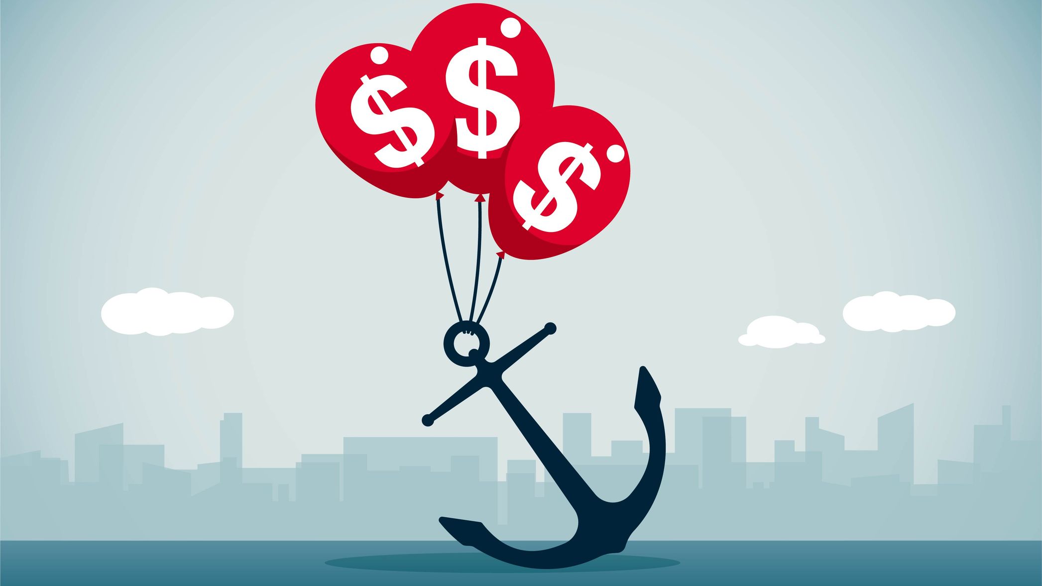 anchor with three red balloons with dollar signs on them on the water with a city skyline in the background