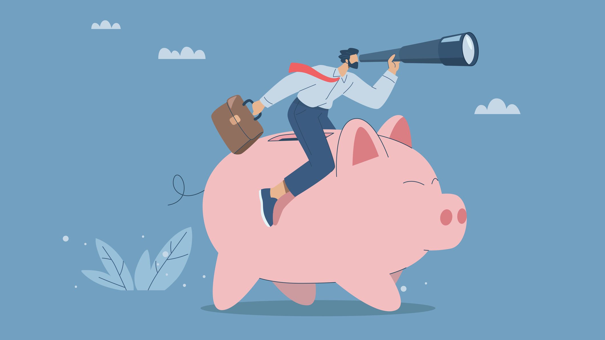 a man riding a piggy bank as he explores the horizon
