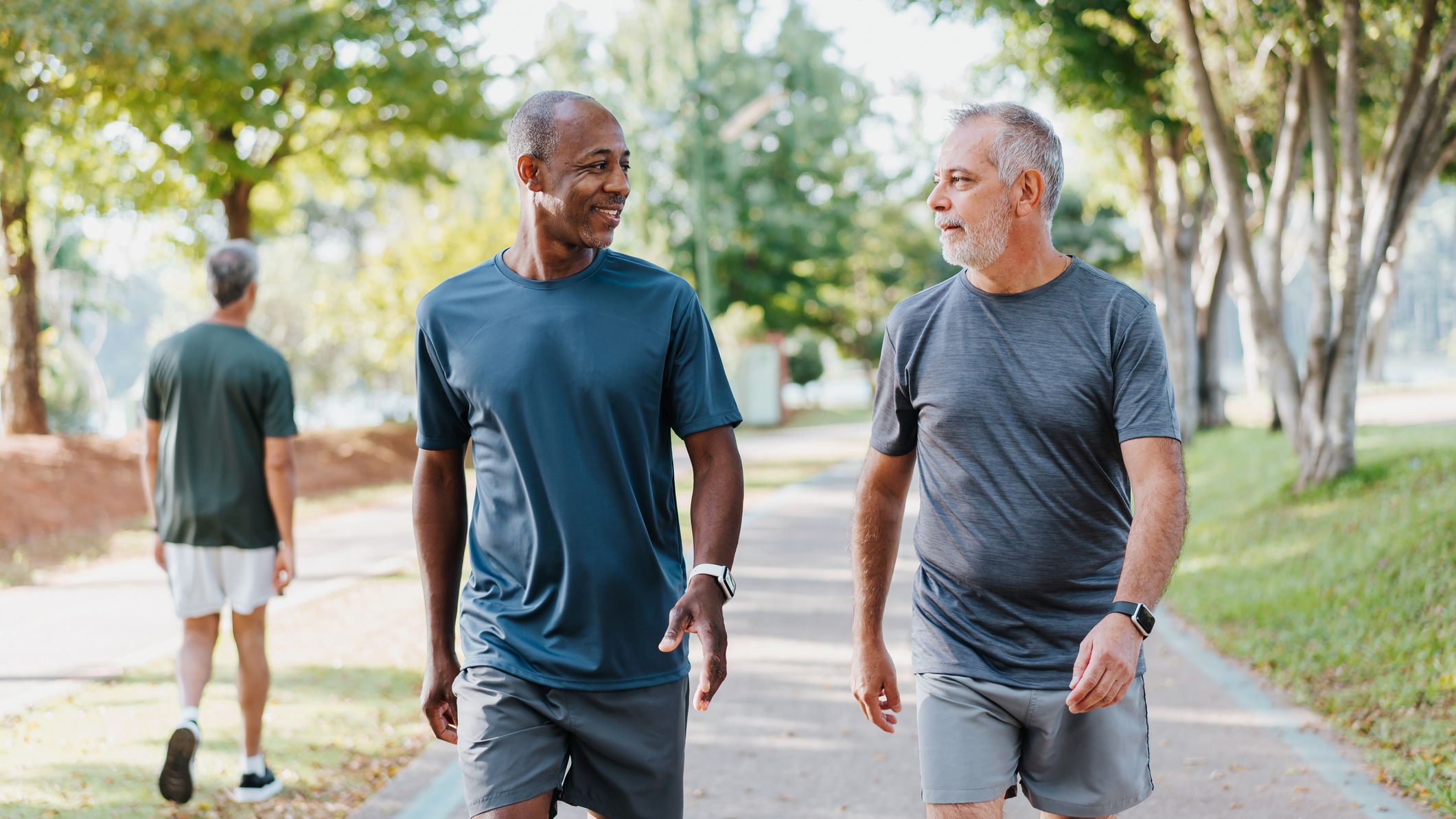 Two men in shorts and T-shirts walk in a park