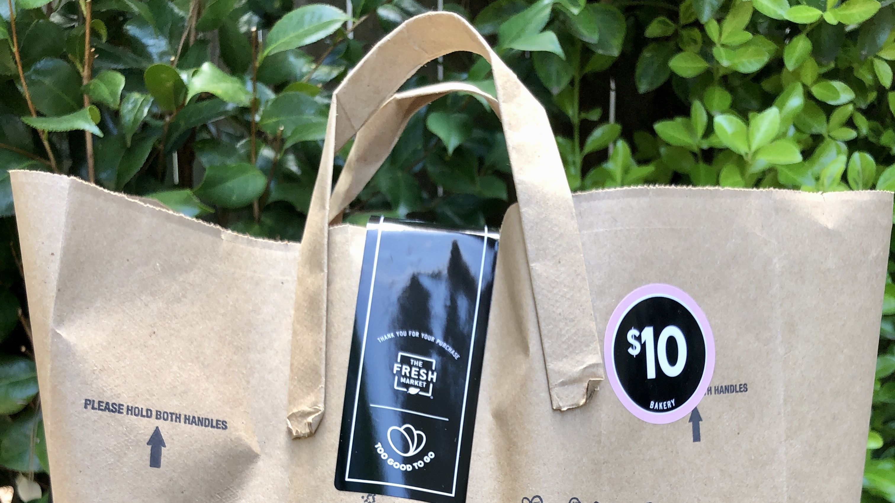 the outside of a bag from The Fresh Market with greenery in the background