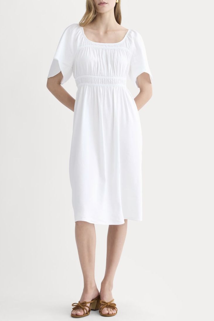 The Flutter-Sleeve Dress in Stretch Linen | White - Xxs