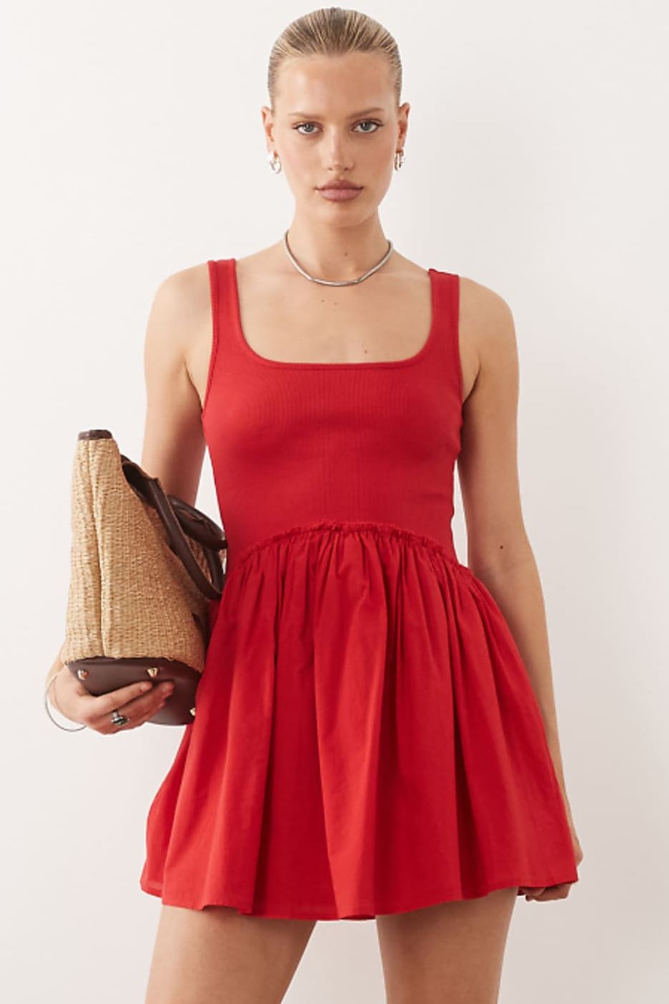 Asos Design Scoop Ribbed Bodice With Poplin Skirt Mini Dress in Red