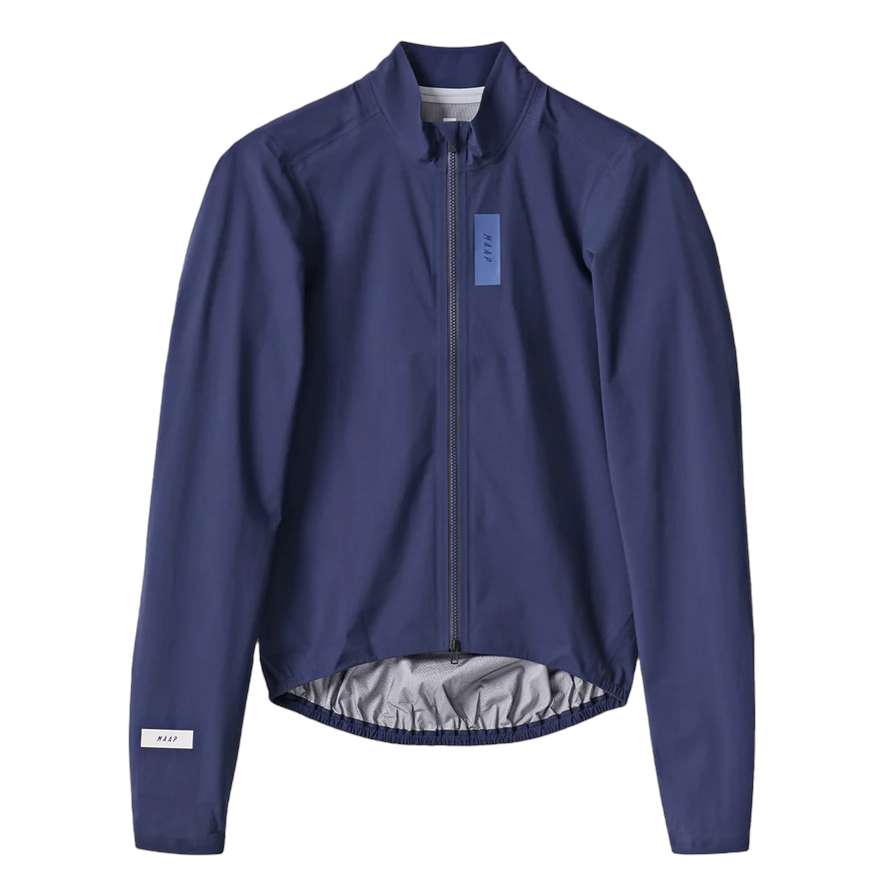 A navy blue rain jacket on a white background