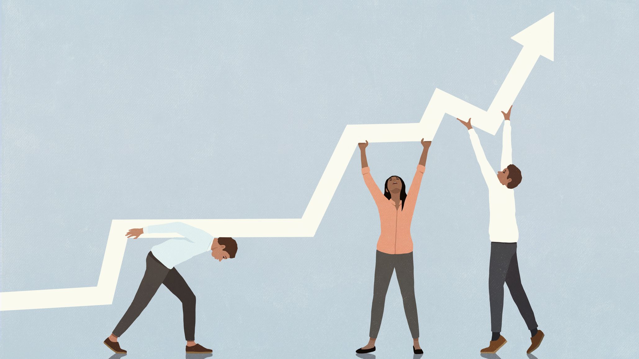 Business people trying to lift chart arrow upwards