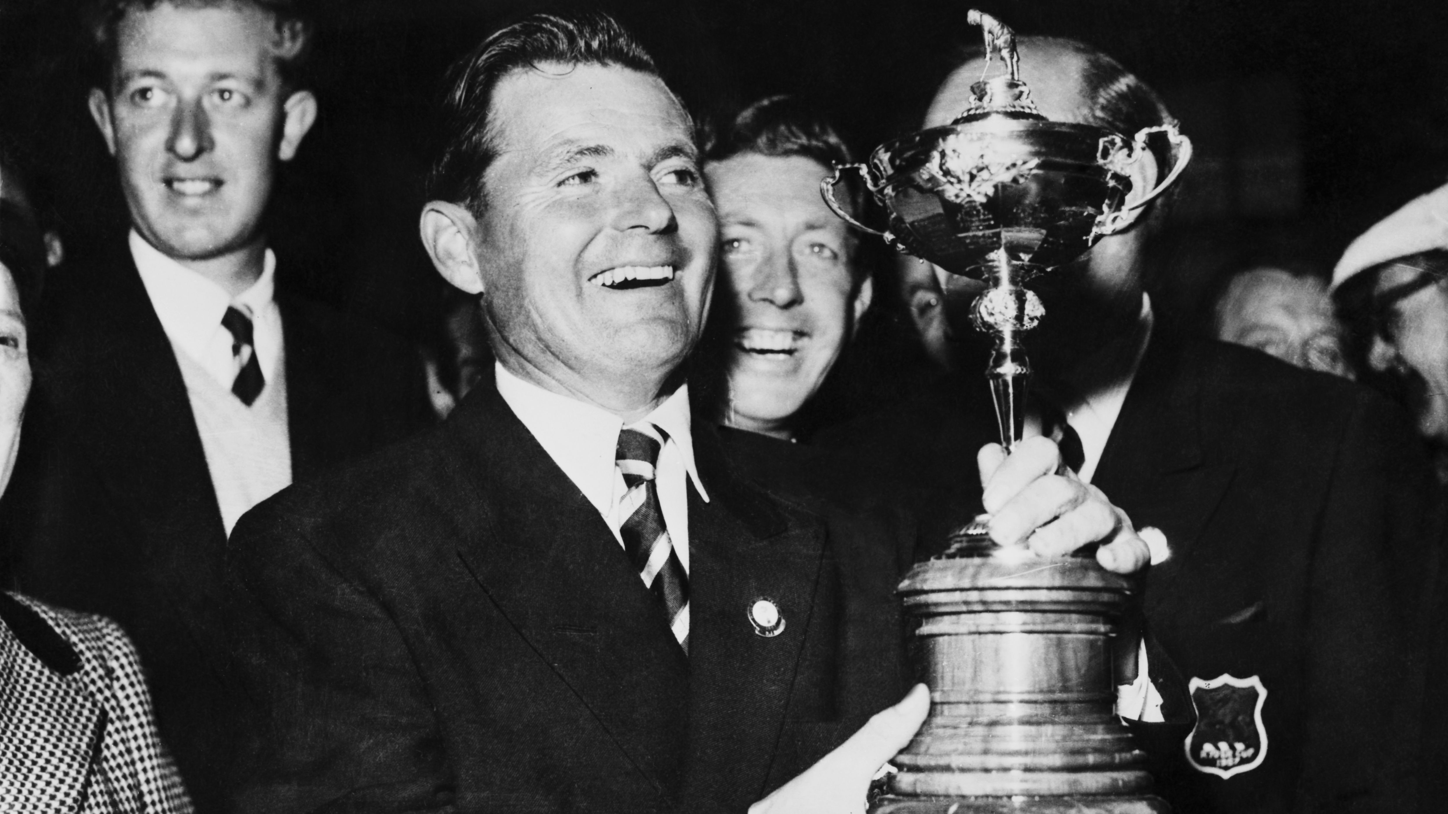 Dai Rees holds the Ryder Cup trophy in 1957