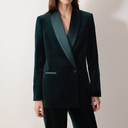 Velvet Satin Shawl Blazer | Green