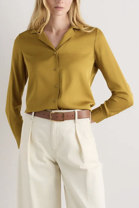 Quince, Washable Stretch Silk Notch Collar Blouse in Wine Tasting Red