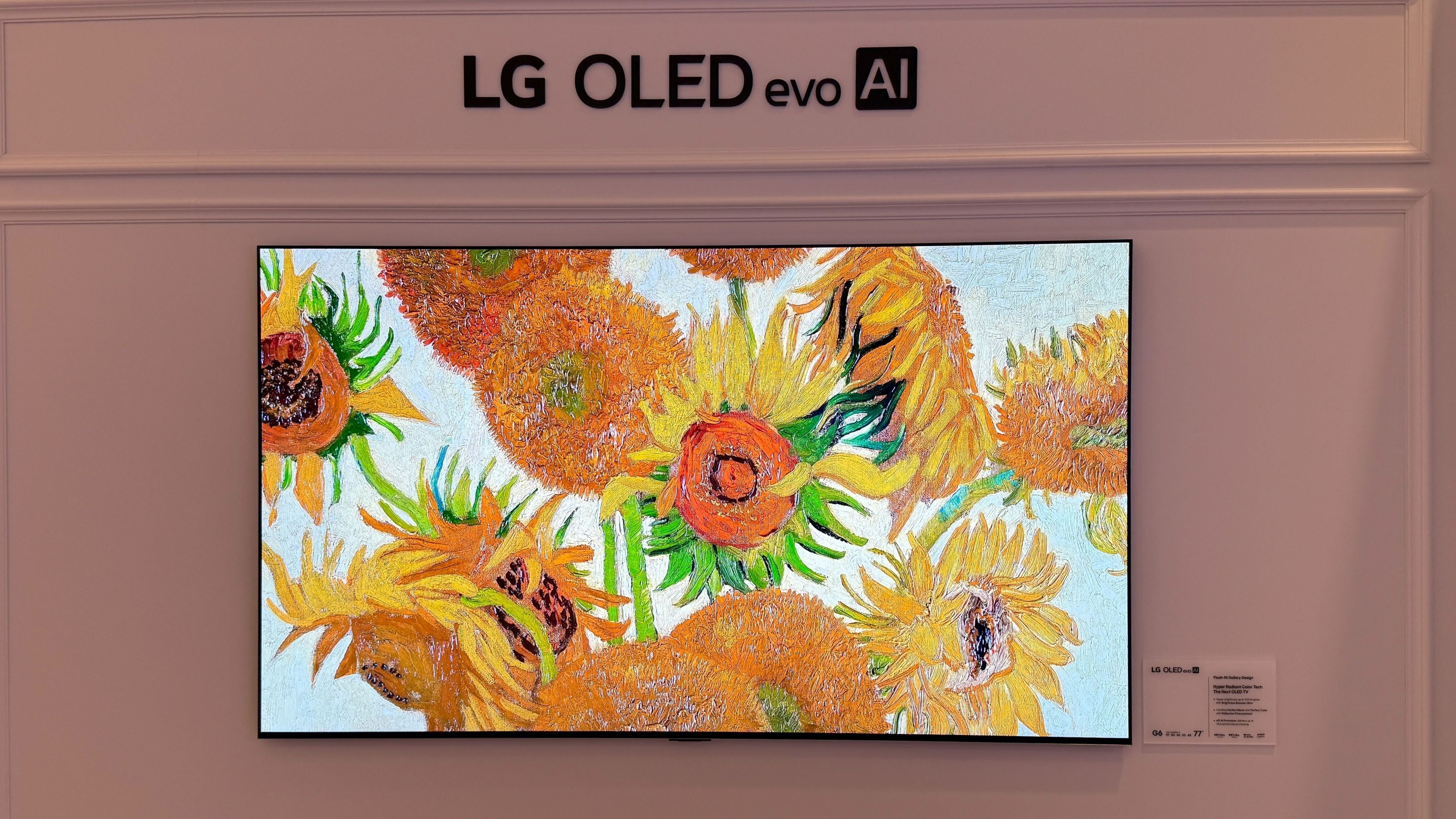 A wall mounted LG G6 OLED TV with LG demo content on screen