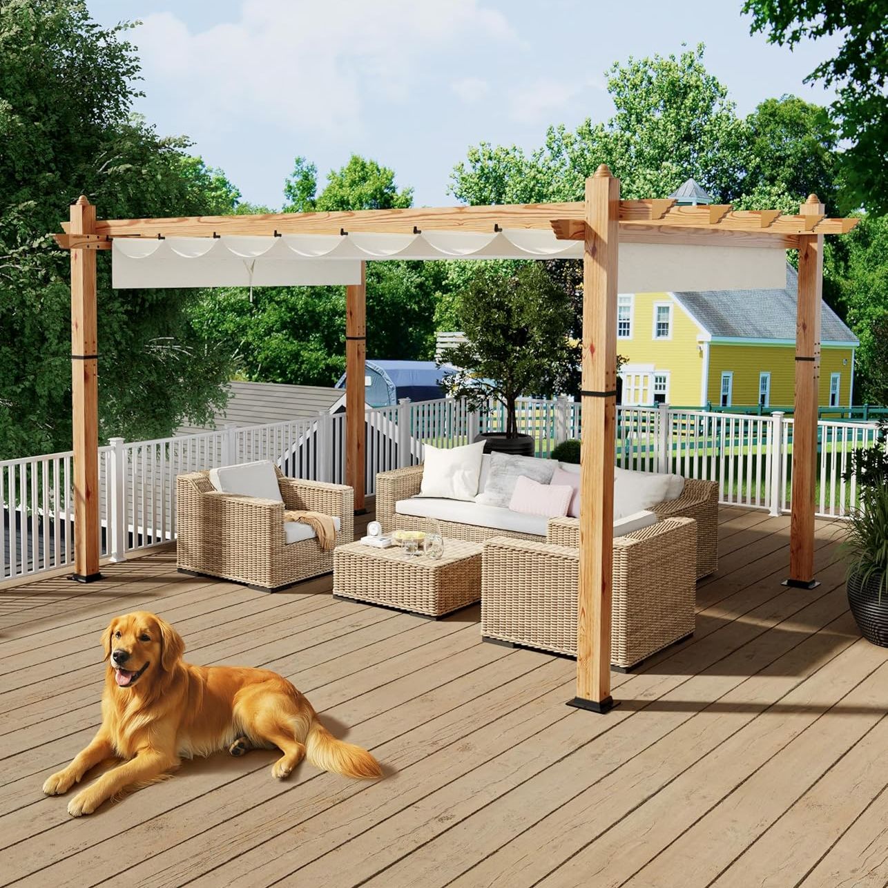 Garveelife 10 X 13 Ft Wood-Grain Aluminum Pergola Outdoor Pergola With Retractable Canopy Sun Shade Shelter for Garden Patio Backyard Deck - Beige