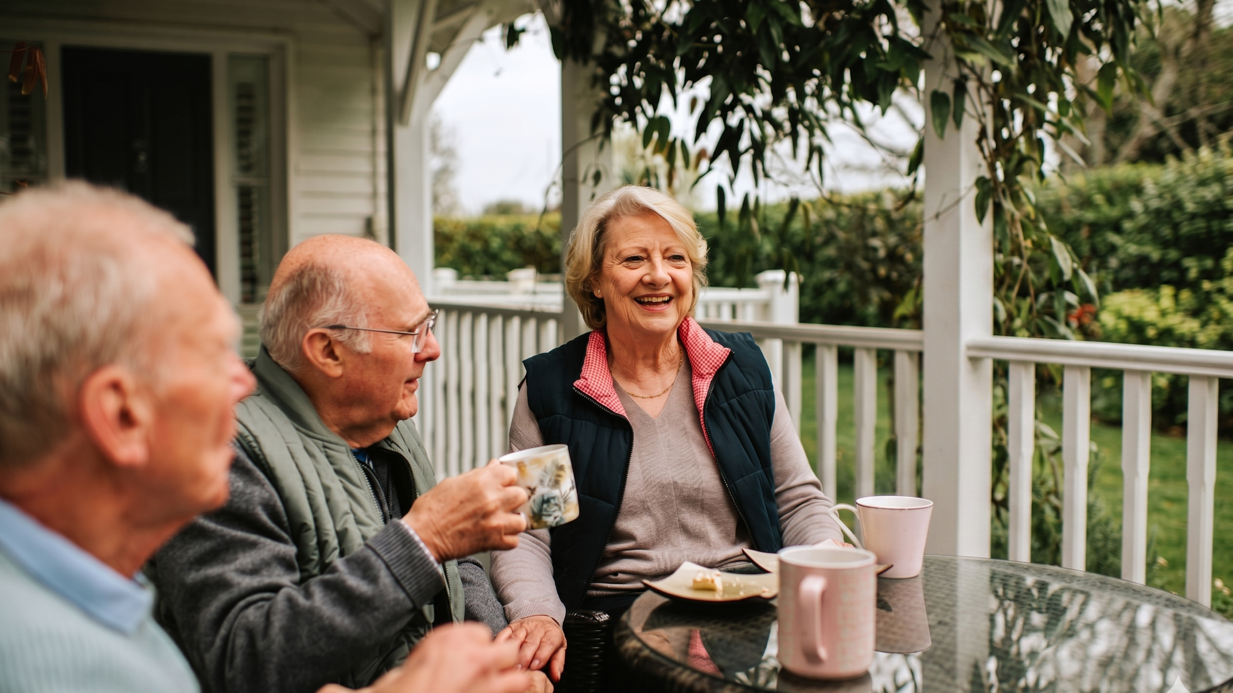 A group of seniors smile on a porch. There's a view of a garden beyond.