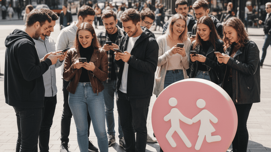 A group of people meeting on a busy street corner, with MeetMeetNow