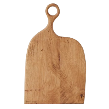 Asymmetrical chopping board in natural wood colour with ring shaped handle
