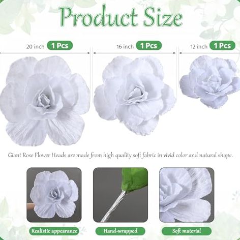 Norme 3 Pcs Valentines Giant Flowers for Decoration 12, 16, 20 Inch Large Rose Petals Giant Flowers Large White Rose for Wedding, Home Decor, Anniversary Birthday Valentine's Day