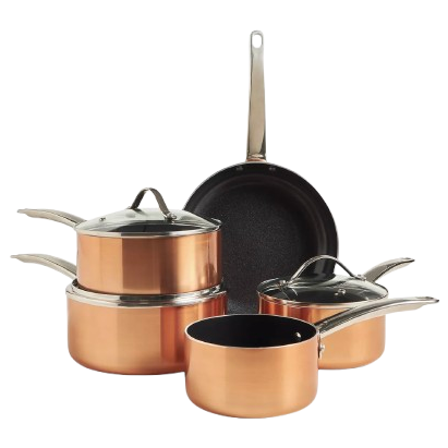 pile of five copper pans with black nonstick interiors