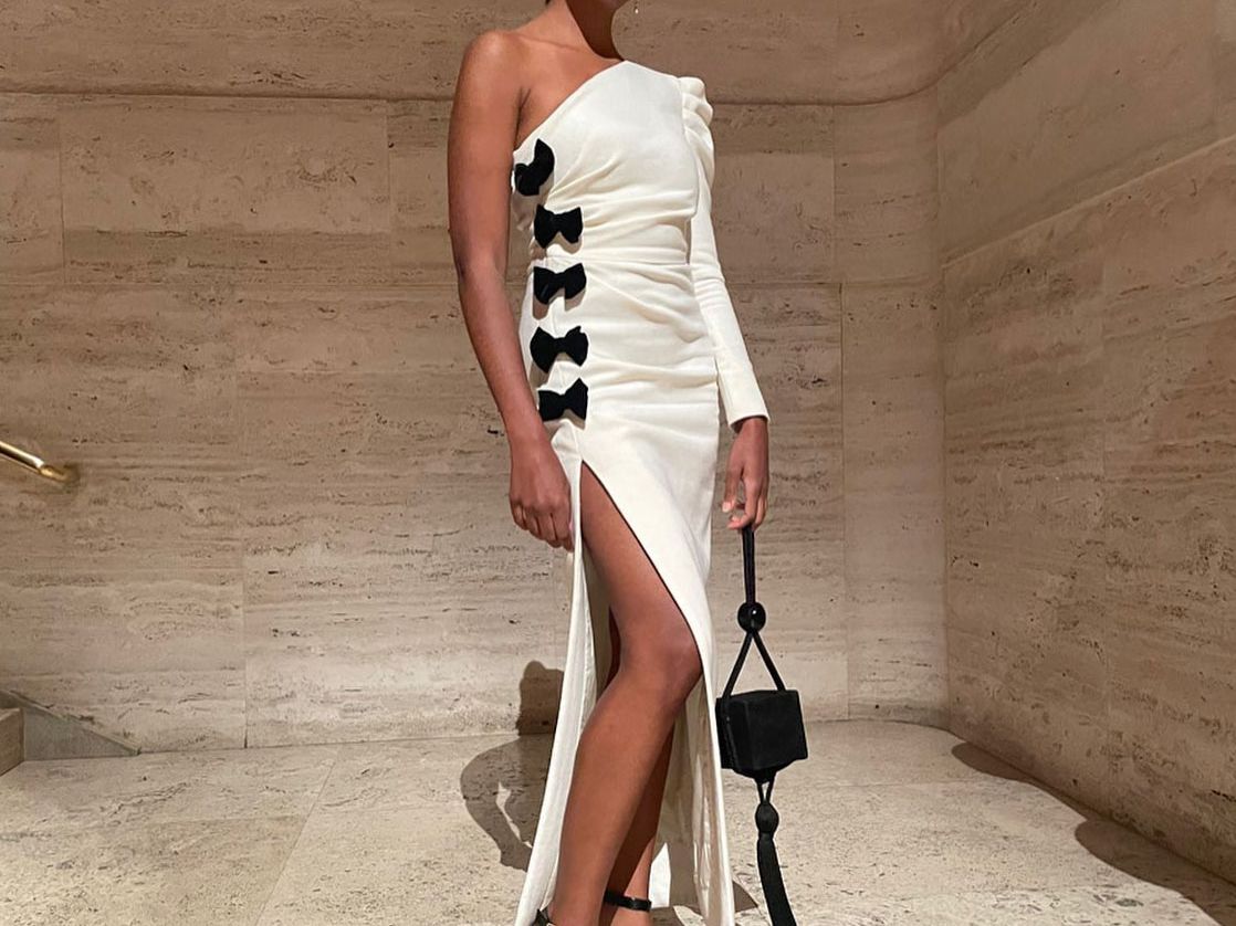 white dress for black tie event Lady Black Tie - Freya Gown - Off White - Off The Shoulder Stretch Spandex Dress