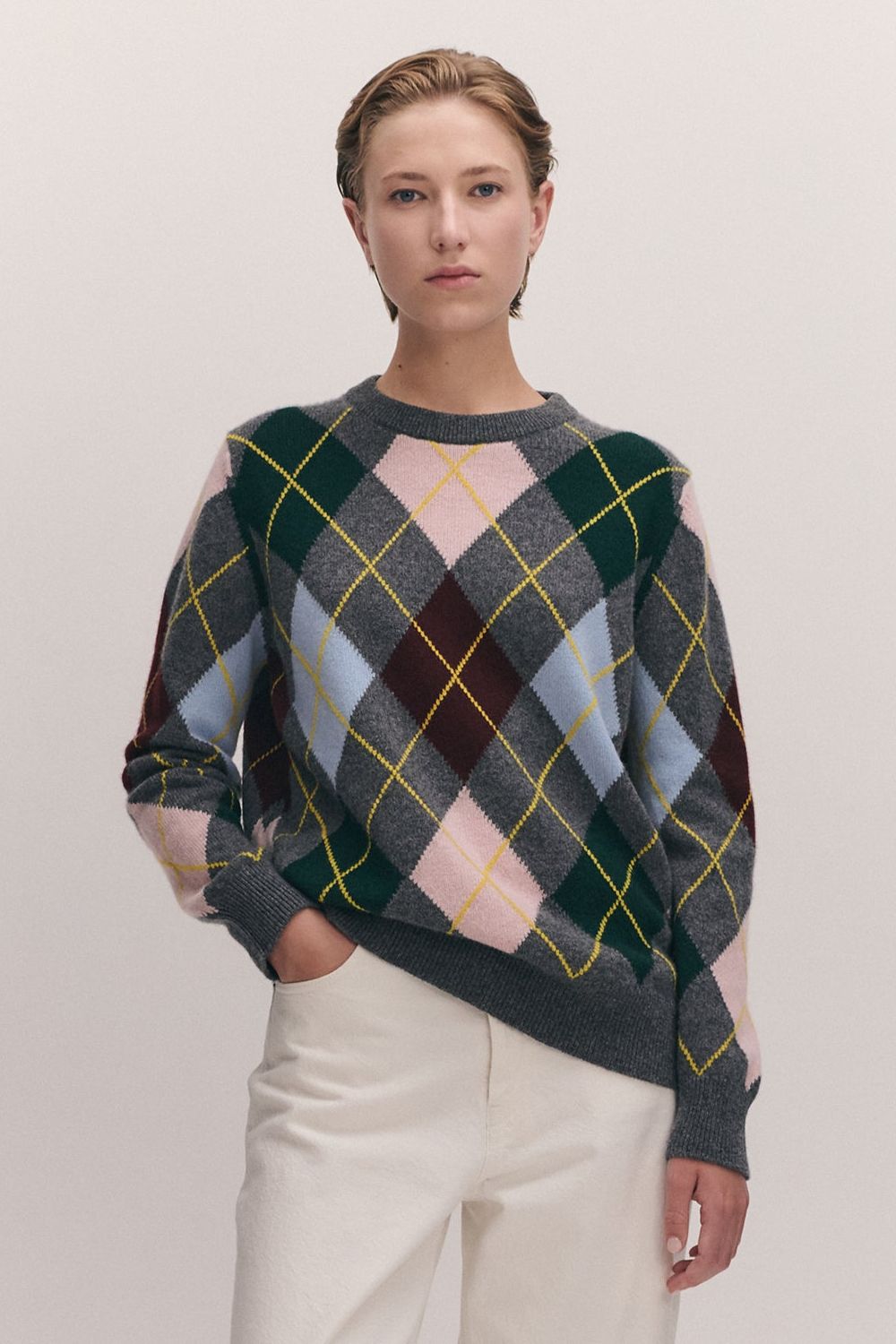 Ava Argyle Crewneck in Derby Grey With Pink