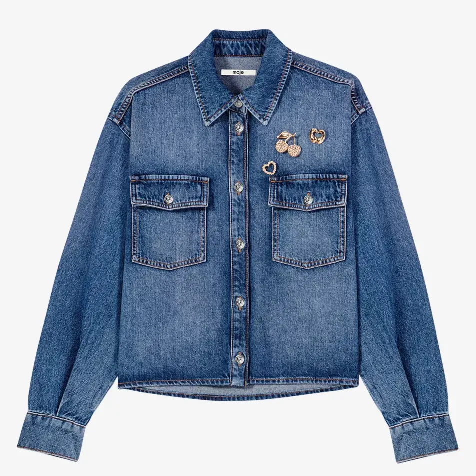 Brooch-Embellished Regular-Fit Denim Jacket - 6