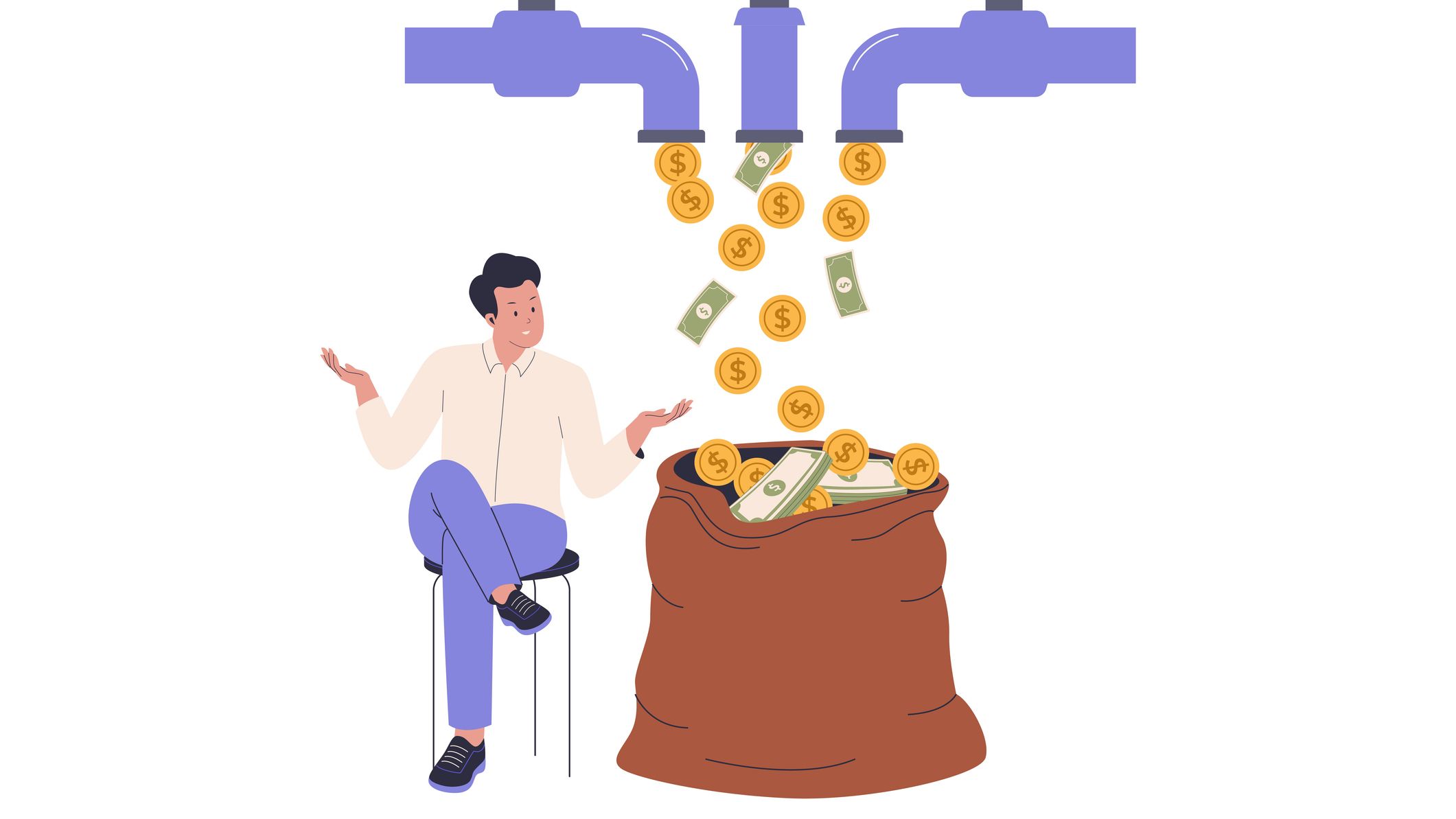 a person sits and watches as three faucets deposit coins and bills in a large sack of cash