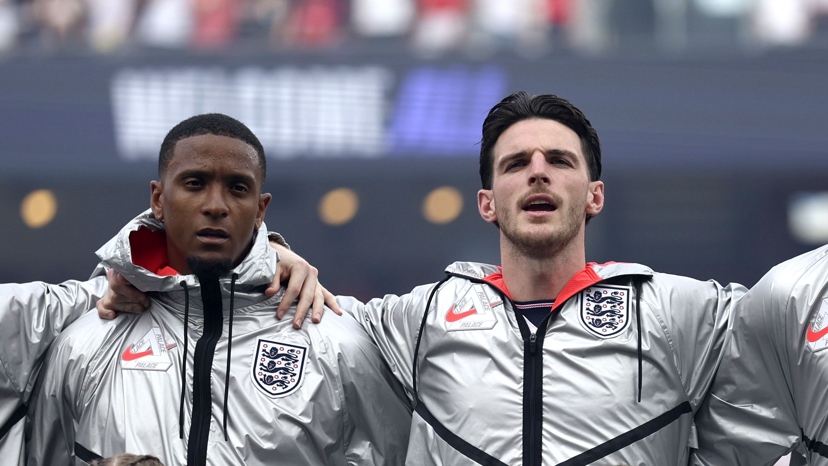 ORLANDO, FLORIDA - JUNE 10: (L-R) Ezri Konsa, Declan Rice, Nico O&amp;amp;apos;Reilly and John Stones #5 of England line up for the national anthem before the International Friendly match between England and Costa Rica at Inter&amp;amp;Co Stadium on June 10, 2026 in Orlando, Florida. (Photo by Eddie Keogh - The FA/The FA via Getty Images)