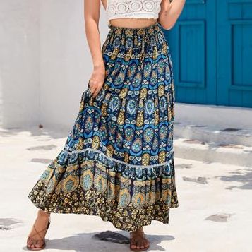 Genfien Women Skirts Elastic High Waist Maxi Skirts for Women 2 in 1 Vintage Maxi Skirt Summer Long Dresses Elegant A-Line Beach Skirt Navy Blue