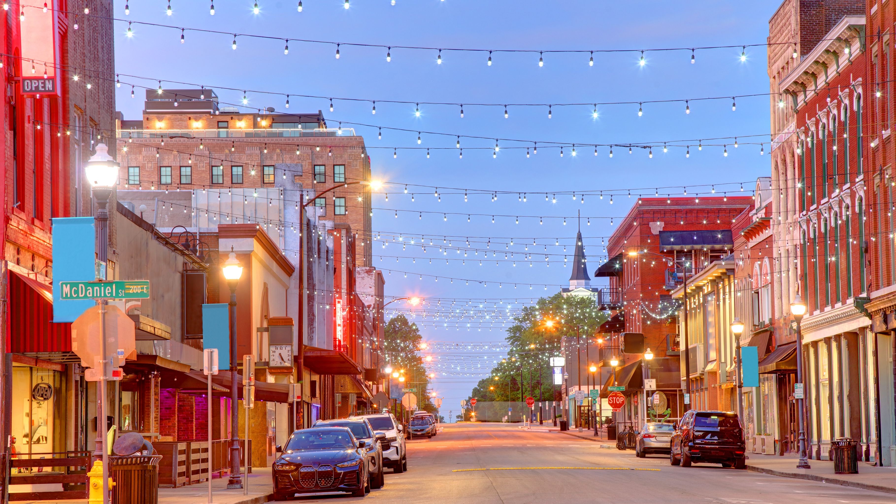 String lights light up a street in downtown Springfield, Missouri.