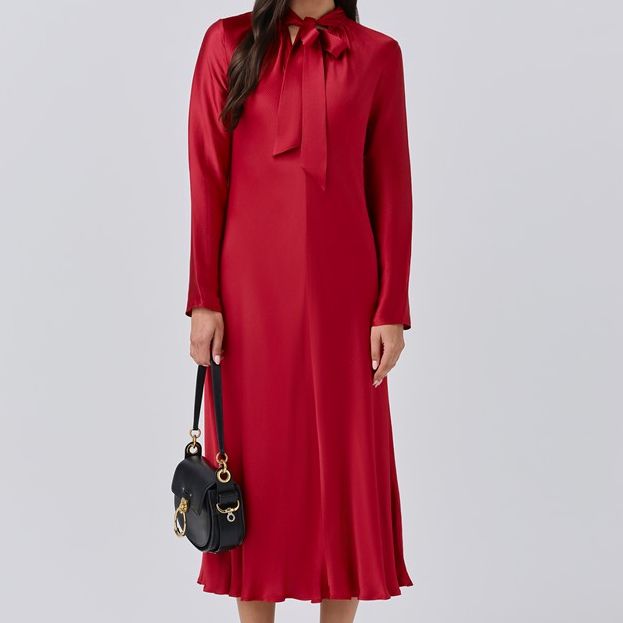 Stephanie Satin Tie Neck Midi Dress