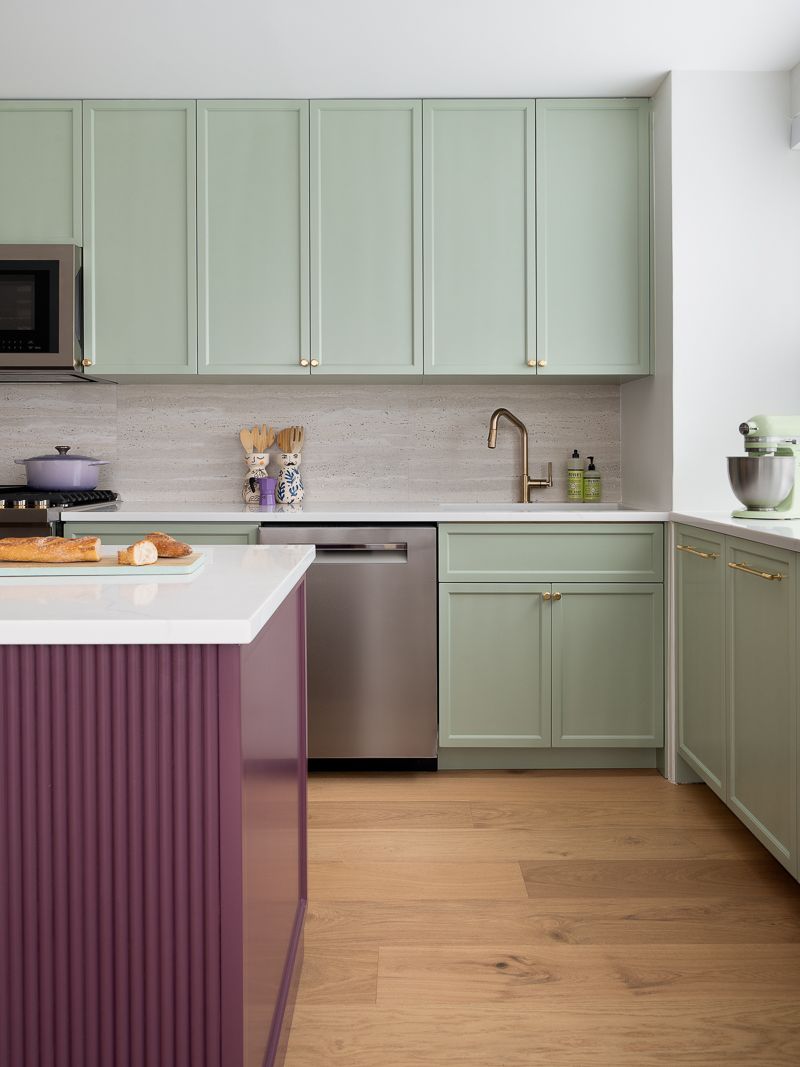 mint green kitchen with purple island