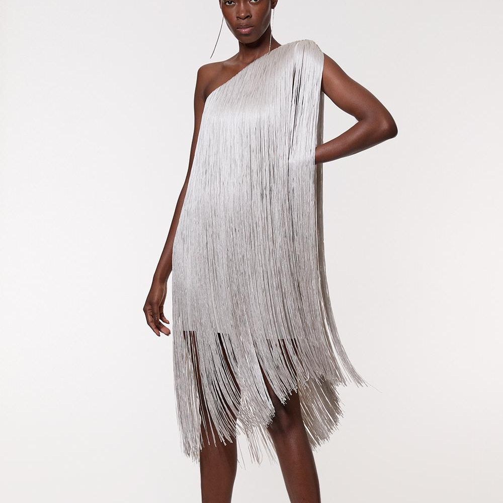 Figure Form Bandage One Shoulder Fringe Mini Knit Dress