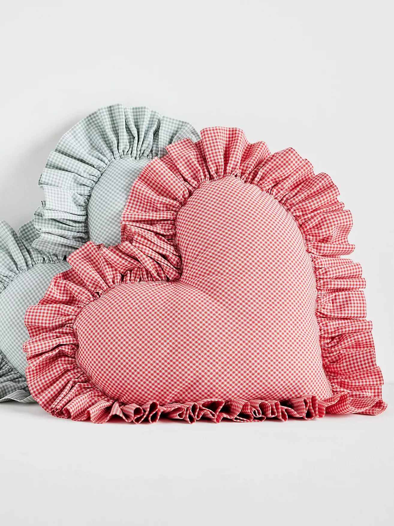 Gingham Cotton Ruffle Heart Cushion