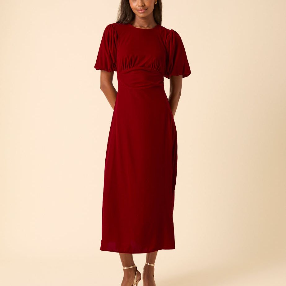Red Velvet Puff Sleeve Zoi Midi Dress