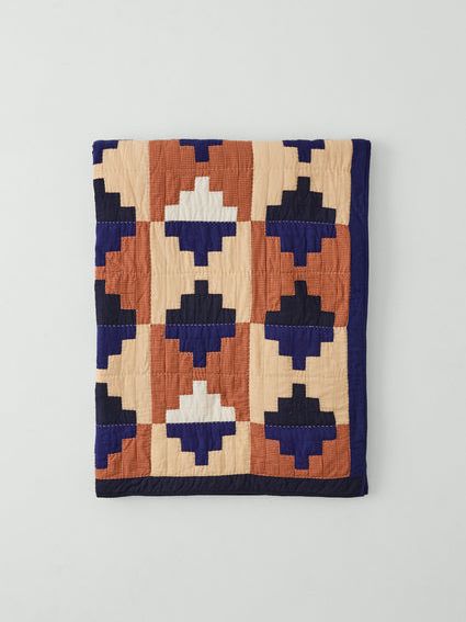 Folk Cotton Patchwork Quilt | Cornflower Blue/terracotta
