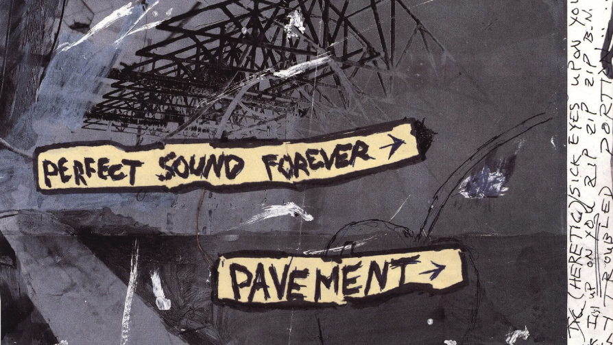 A screen-grab of Pavement's Perfect Sound Forever album, with gray, jagged pen marks and yellow words