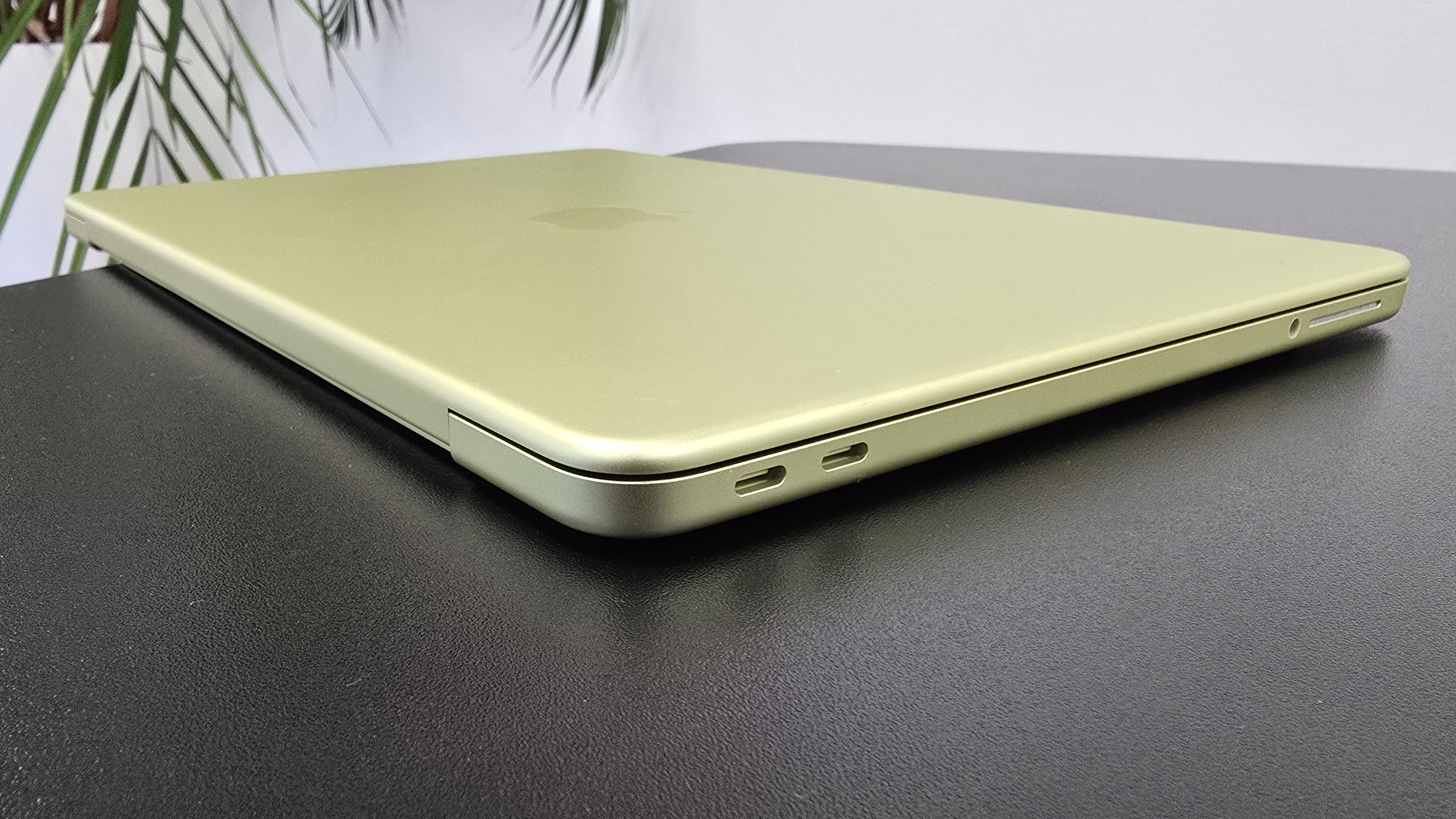 MacBook Neo laptop on a desk with plant in background