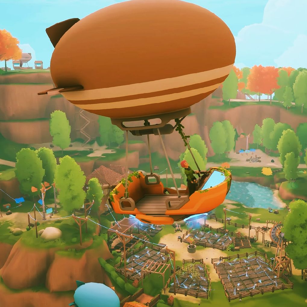 Solarpunk - A distant shot of the open world. There's a blimp flying overhead and lots of crops planted in the field below.