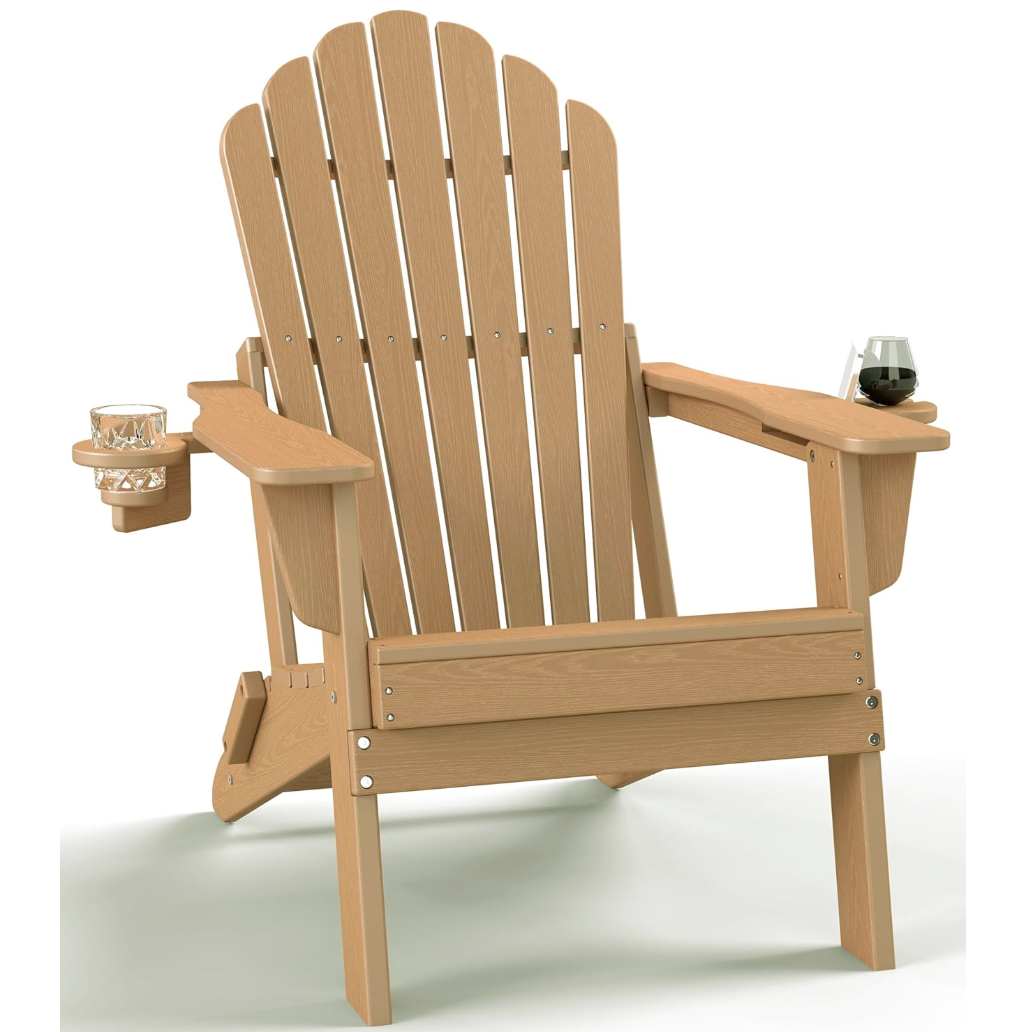 Plawdlik, Plawdlik Folding Adirondack Chair [2026 Upgraded], All-Weather Hdpe Patio Chair With Dual Cup Holders &amp;amp; Non-Sinking Reinforced Seat, 37.8" Tall Backrest Ergonomic Lawn Chair for Garden, Deck-Teak