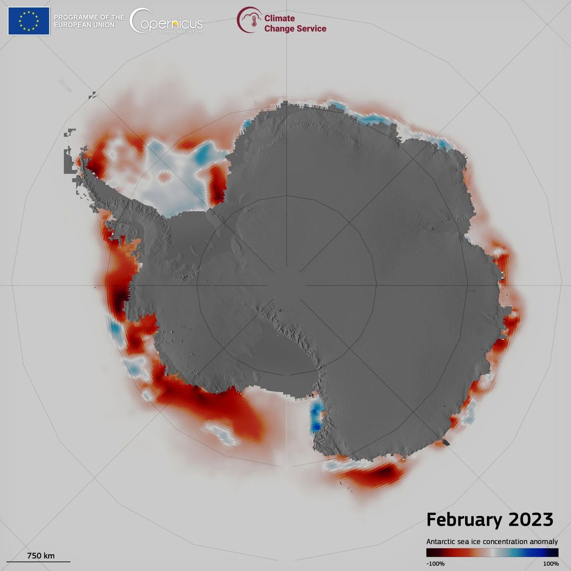 Map of Antarctica showing sea ice concentration anomalies in February 2023.