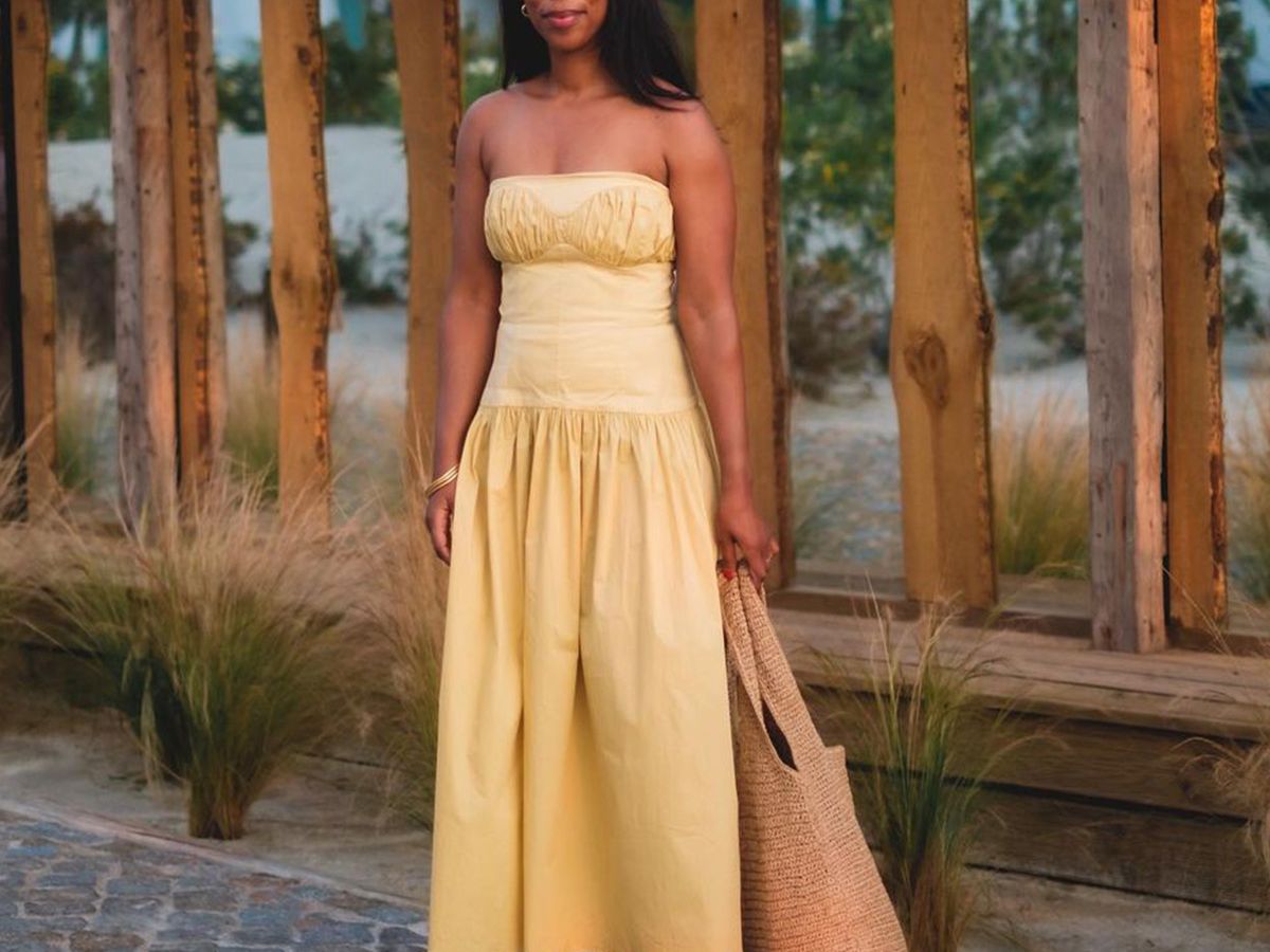 knee length dresses for ladies Yellow Cotton Bandeau Midi Dress – Mint Velvet main image 0